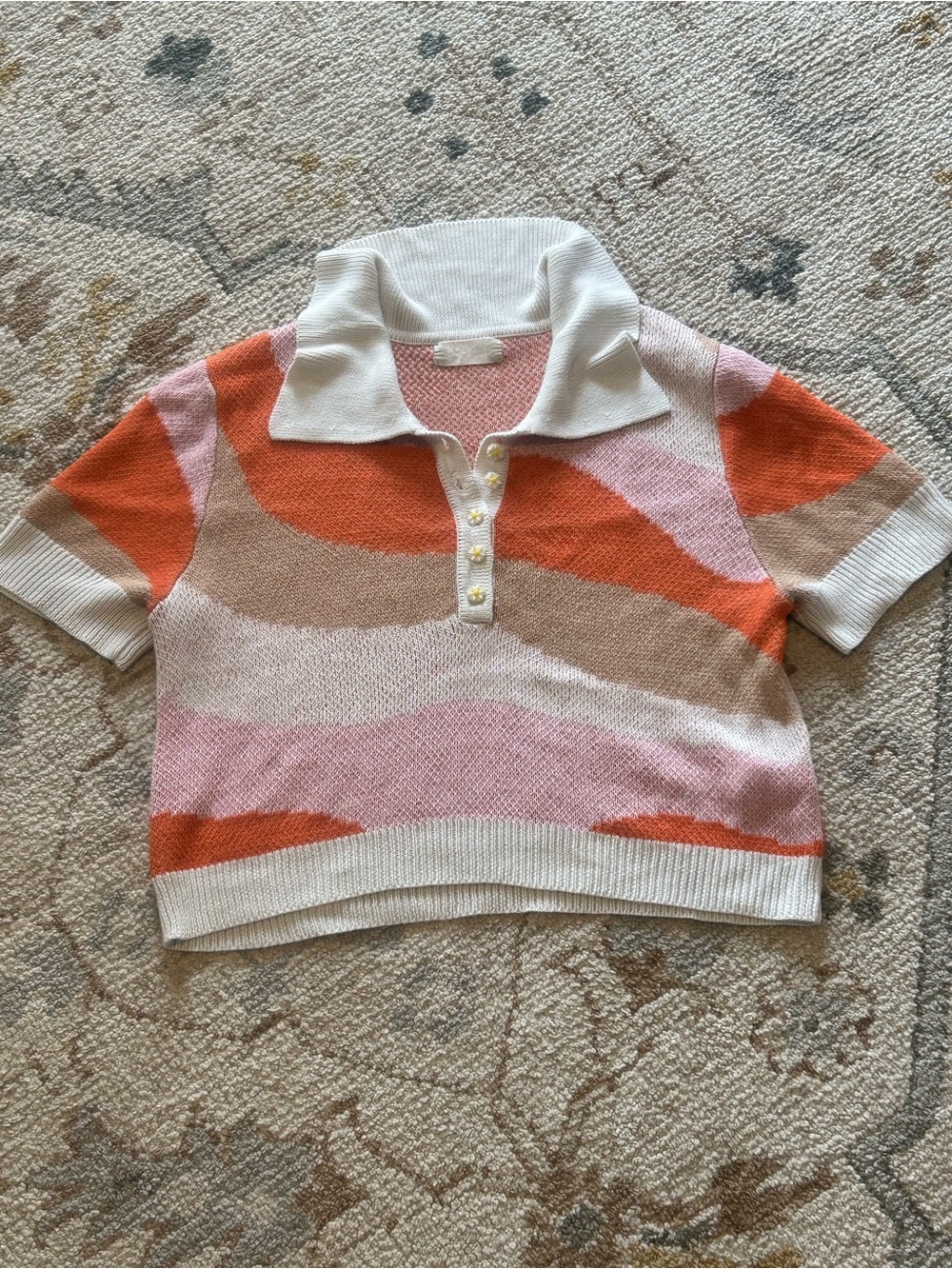 Altar'd State Wave-Print Polo Crop Top in Pink, Orange & Cream